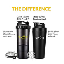 SKOR Protein Shaker Bottles | 28oz Stainless Steel Blender Shaker Bottle Cup for Gym Protein Shake & Smoothie Cup | with 22oz BPA-Free PP Protein Shaker Bottle with Whisks and Powder Compartments