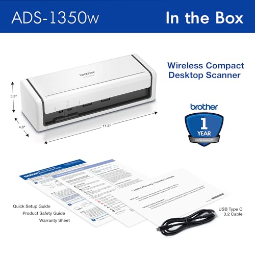 Brother ADS-1350W Wireless Compact Desktop Scanner | Scan Speeds of Up to 30ppm | Single Pass Double-Sided Scanning