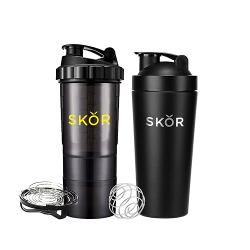 SKOR Protein Shaker Bottles | 28oz Stainless Steel Blender Shaker Bottle Cup for Gym Protein Shake & Smoothie Cup | with 22oz BPA-Free PP Protein Shaker Bottle with Whisks and Powder Compartments