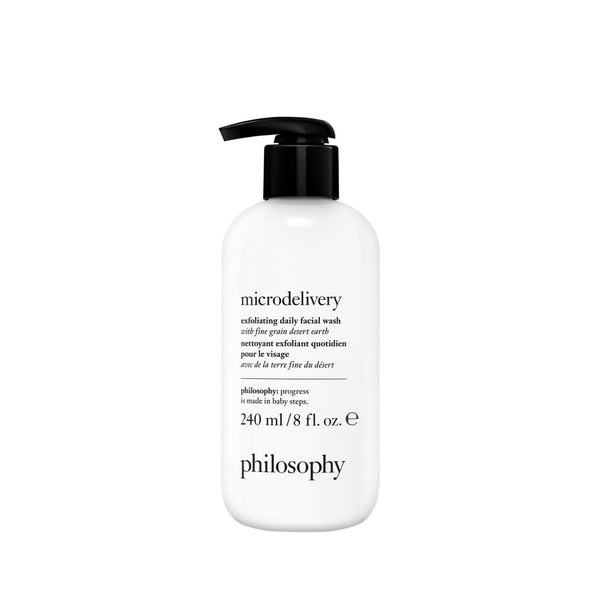 PHILOSOPHY microdelivery daily exfoliating wash 240ml, formulated with a gentle amino acid derived cleansing system and fine grain desert earth - deep cleans and scrubs away build-up and dead skin cells