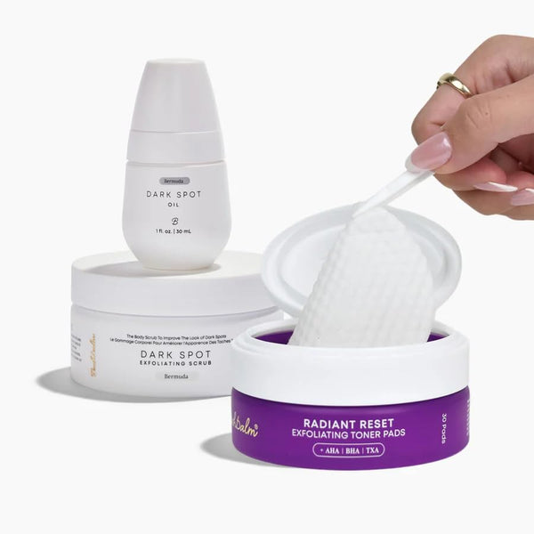 Bushbalm Ultimate Brightening Routine - Radiant Reset Exfoliating Ingrown Hair Pads, Bermuda Body Scrub and Bermuda Dark Spot Oil with TXA, AHA, and BHA for Dark Spots Ingrown Hair & Razor Bumps