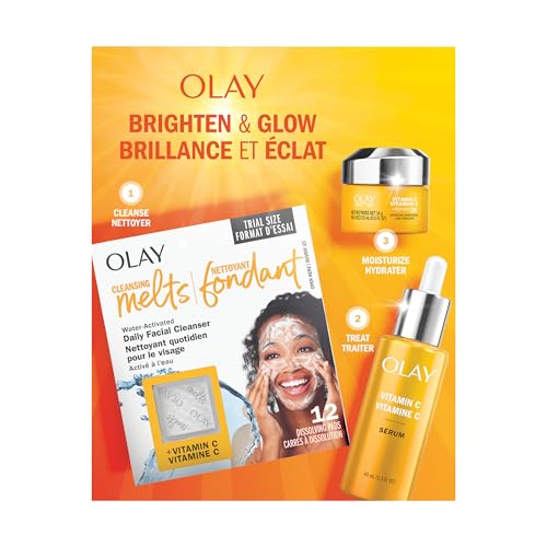 Olay Brighten and Glow Vitamin C Skincare Set: Melting Facial Cleanser 12 Count + Brightening Serum 40 mL + Face Moisturizer 15 mL, Total 3 Pieces Gift Set