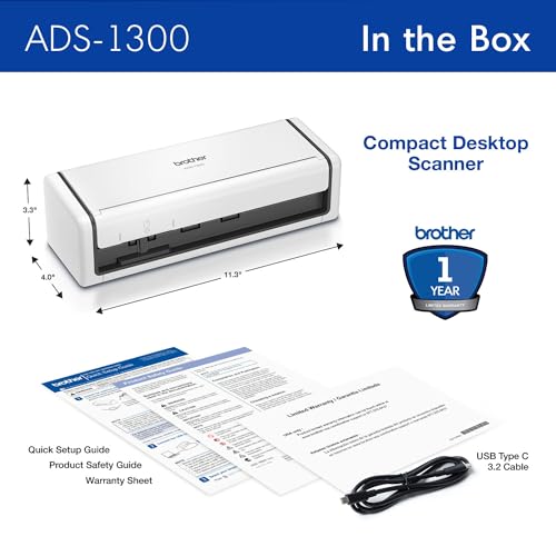 Brother ADS-1300 Compact Desktop Scanner | Scan Speeds of Up to 30ppm | Single Pass Double-Sided Scanning