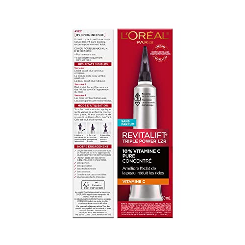 L’Oréal Paris 10% Pure Vitamin C Serum, Revitalift Triple Power LZR, With Hyaluronic Acid & Antioxidants For Brighter and More Radiant Skin, Skincare, 30 ml