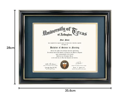 GraduationMall 8.5x11 Diploma Frame with Navy over Gold Mat or Display 11x14 Certificate without Mat,Solid Wood & UV Protection Acrylic,Glossy Black Finish with Gold Trim