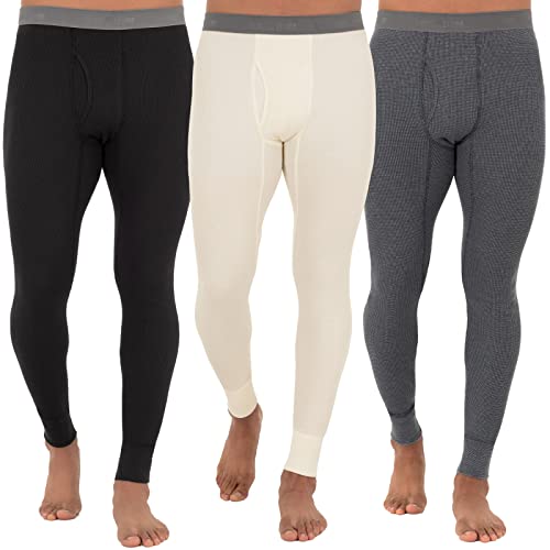 Fruit of the Loom Men's Recycled Premium Waffle Thermal Underwear Long Johns Bottom (1, 2, 3, and 4 Packs), Black/Greystone Heather/Natural, Medium