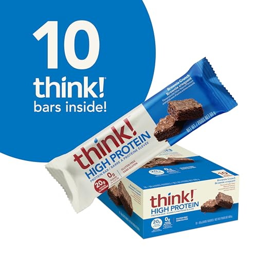 think! High Protein Bar, 20g Protein per bar, Zero sugar, Gluten Free - Brownie Crunch, 10 count/box, 60g per bar - Convenient On-the-go Delicious, Nutritious Snack (packaging may vary)