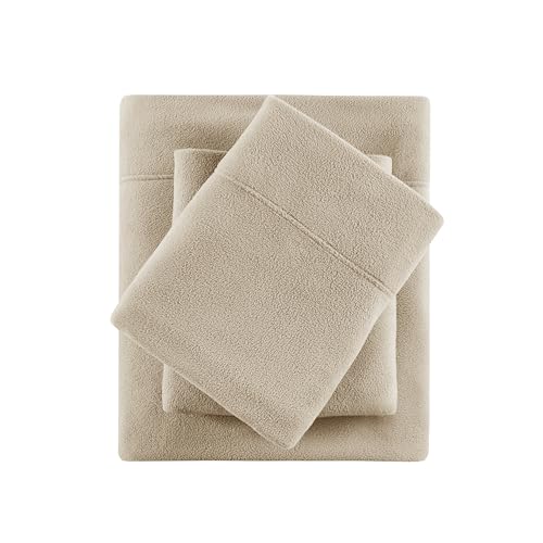 True North by Sleep Philosophy Micro Fleece Bed Sheet Set, Warm, Sheets with 14" Deep Pocket, for Cold Season Cozy Sheet-Set, Matching Pillow Case, Twin XL, Khaki, 3 Piece