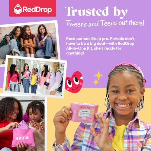 RedDrop Period Kit for Tweens - First Period Kit for Girls 9-12 - Includes 30 Everyday Pads, 14 FlowDay Teen Pads, 14 FlowNight Pads, 10 Maximum Pads, 10 Feminine Wipes, & More - Teen Period Kit