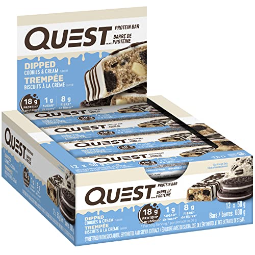 Quest Nutrition Dipped Bar Cookies & Cream, High Protein, High Fibre, Low Sugar, Low Carb, Keto Friendly, 18g Protein, 1g Sugar, 12ct