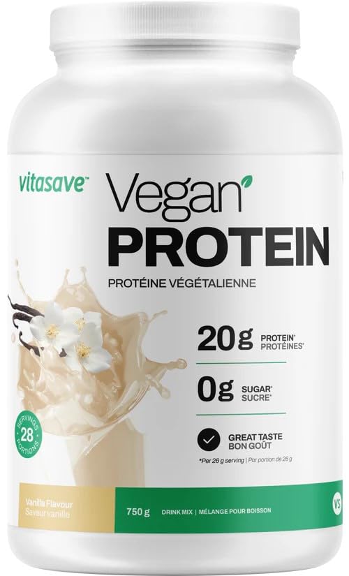 Vitasave Vegan Protein Powder - Natural Vanilla Flavour, 20g Plant Based Protein, 28 Servings, 750g Tub, Soy Free, Gluten Free, Dairy Free and Sugar Free