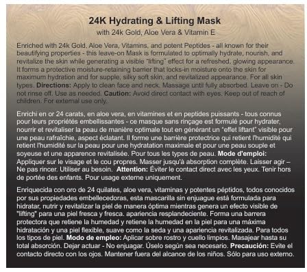 GLO24K Hydrating and Lifting Mask with 24k Gold, Aloe Vera, Peptides, and Vitamins. For Hydration Boost and Lifting Effect that Generates a Glowing, Radiant Complexion and Silky-Smooth Skin.