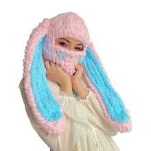 Thickened Crochet Knit Balaclava Hat for Women Girls, Funny Long Bunny Ears Beanie Hat with Scarf Mask Thermal Headwear, Pink Blue Rabbit Ears, Medium