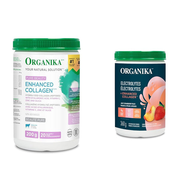 Organika Enhanced Collagen Pure Beauty 200g + Organika Electrolytes + Enhanced Collagen Strawberry Peach 360g (30 Servings)