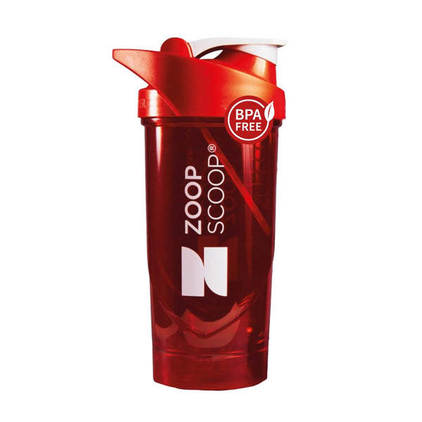 ZoopScoop Protein Shaker Bottle - Red | Portable Protein Powder Shaker Cup With Strainer & Leakprood Lid | 700ml - Easy Clean - BPA Free