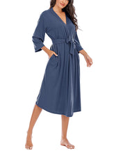 Women Kimono Robes Lightweight Long Robe Knit Bathrobe Soft Sleepwear V-Neck Loungewear for Women Navyblue M