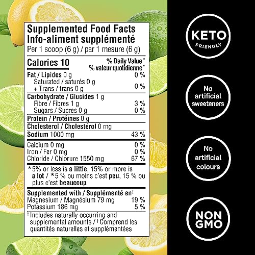 Organika Canadian-Made Electrolytes Extra-Strength Powder - Lemon Lime - High in Sodium for Sport Recovery - Saltier Taste, Sugar-Free Hydration and Electrolyte Replenishment - 180g, 30 servings