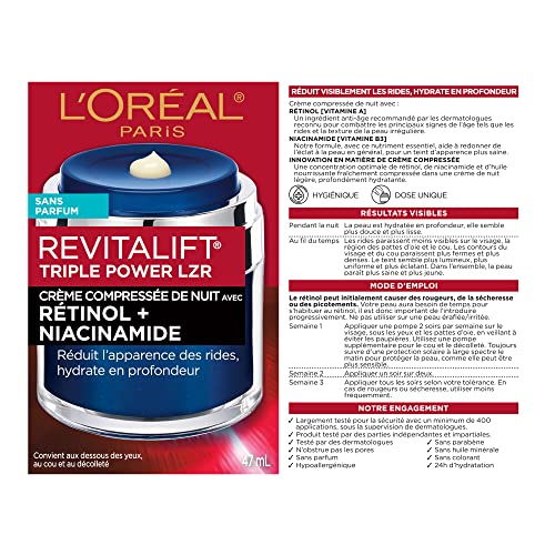 L’Oréal Paris Retinol Pressed Night Cream with Niacinamide, Reduces the Look of Wrinkles & Hydrates Skin, Revitalift Triple Power LZR, 47 ml