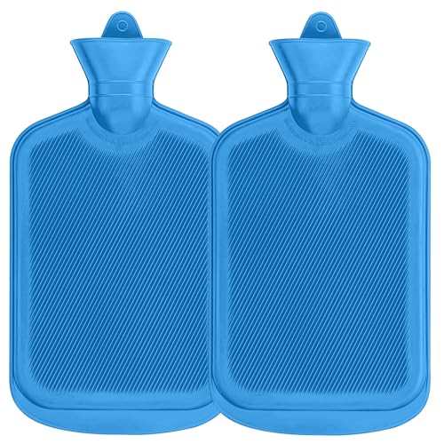 SteadMax [2 Pack] Hot Water Bottles, 2L (68oz) Natural Rubber -BPA Free- Durable Large Hot Water Bag for Hot Compress and Heat Therapy, Pain Relief Heating Pad, (Blue)