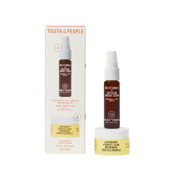 YTTP Brighter Tomorrow Youth Stack - Travel Size 15% Vitamin C Energy Serum (8ml), Hydrate + Glow Overnight Dream Mask (15ml) - Skincare Gift Set to Tackle Dullness