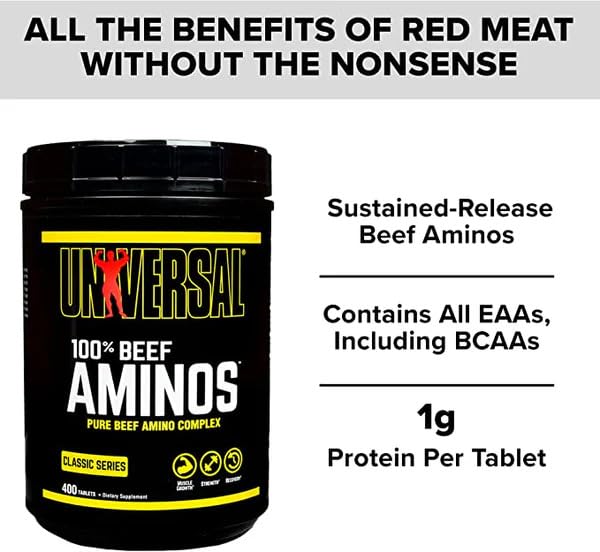 Universal 100% Beef Aminos Tablets | Pure Beef Amino Complex | Full Spectrum EAAs, BCAAs & Protein from Beef Protein Isolate & Pure Desiccated Argentine Beef Liver | 66 Servings, 200 Tablets (Pack of 1)