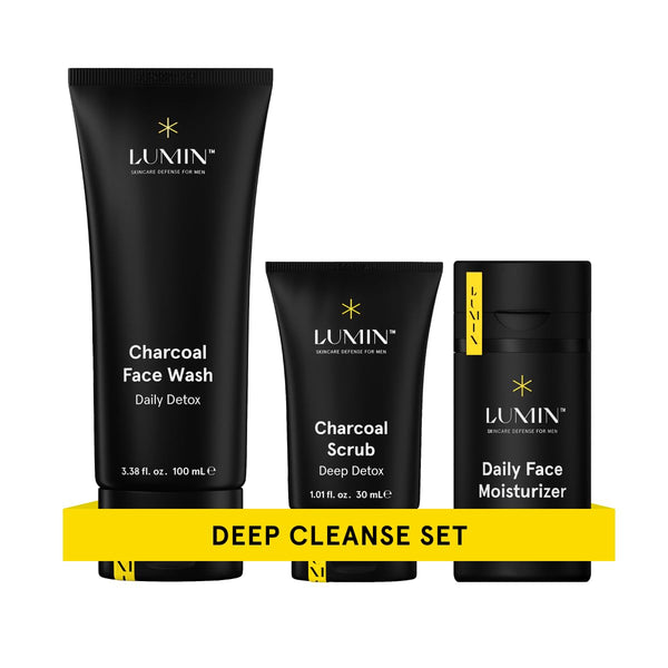 Lumin - Smooth Operator Detox Trio - Men's skincare kit, Includes: Charcoal Face Wash Daily Detox, Charcoal Scrub Deep Detox & Daily Face Moisturizer, Suitable for all skin types, Two Month Supply