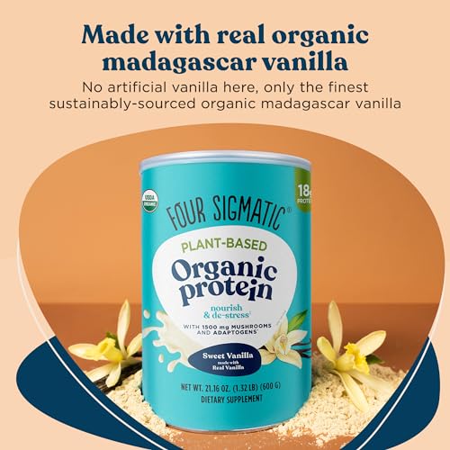 Four Sigmatic Organic Vegan Protein Powder | Sweet Vanilla Protein with Lion’s Mane, Chaga, Cordyceps and More | Clean Vegan Protein Elevated for Brain Function and Immune Support | 21.16 oz