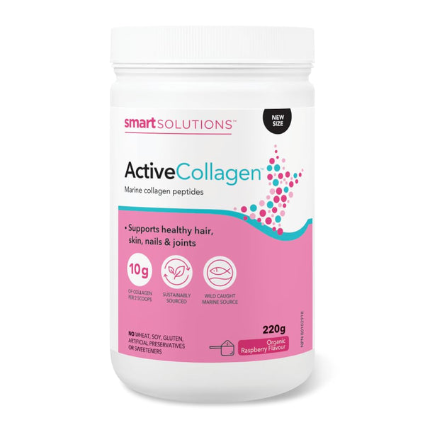 Smart Solutions Active Collagen Powder Organic Raspberry Flavour, with Hydrolyzed Wild Fish Collagen, Supports Healthy Hair, Skin, Nails, & Joints, 220 g