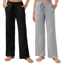 HEARTNICE 2 Pack Women's Pajamas Pants with Pockets Wide Leg Lounge Casual Loose Comfy Stretch Rib Yoga Sweatpants(Black+ Light Grey Mel., XL)