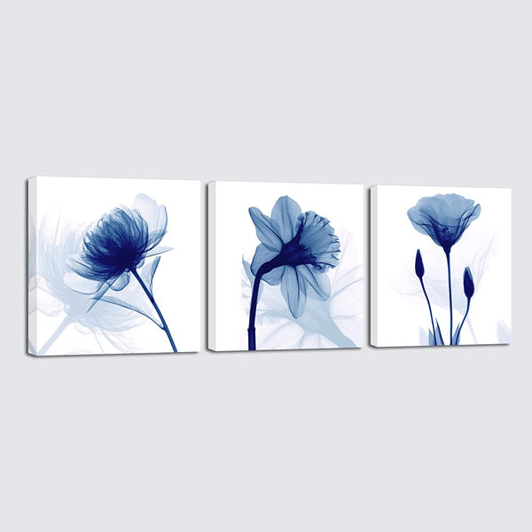 Wieco Art Blue Abstract Flowers 3 Panels Giclee Canvas Prints Wall Art Modern Pictures Artwork for Living Room Bedroom and Home Decorations