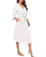 Women Kimono Robes Lightweight Long Robe Knit Bathrobe Soft Sleepwear V-Neck Loungewear for Women (M, C-White)