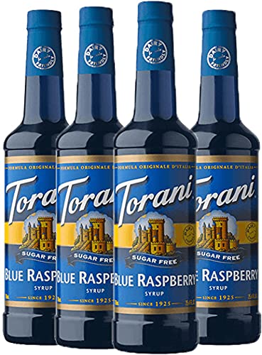 Torani Sugar Free Blue Raspberry Flavour Syrup, PET (Plastic) Bottle, 750ml, 4 Pack