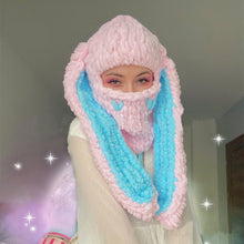 Thickened Crochet Knit Balaclava Hat for Women Girls, Funny Long Bunny Ears Beanie Hat with Scarf Mask Thermal Headwear, Pink Blue Rabbit Ears, Medium