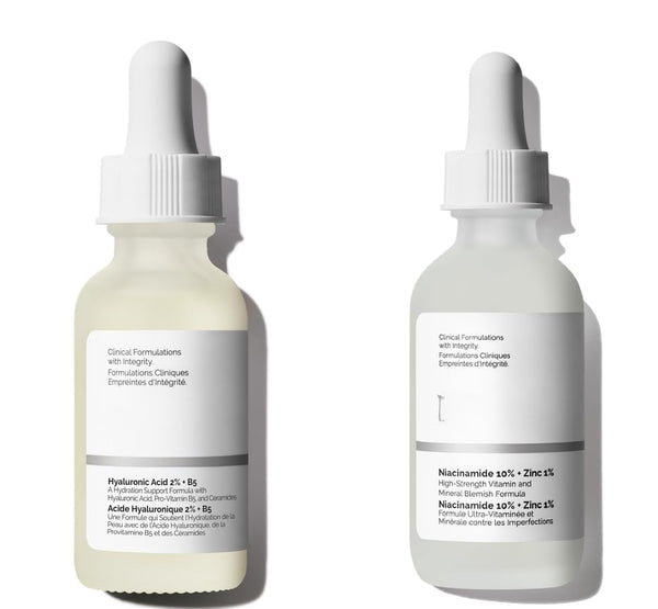 The Ordinary Face Care Bundle: Hyaluronic Acid 2% + B5 (30ml) and Niacinamide 10% + Zinc 1% (30ml) with TOSSI makeup cleansing wipes