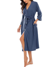 Women Kimono Robes Lightweight Long Robe Knit Bathrobe Soft Sleepwear V-Neck Loungewear for Women Navyblue M