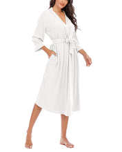 Women Kimono Robes Lightweight Long Robe Knit Bathrobe Soft Sleepwear V-Neck Loungewear for Women (M, C-White)