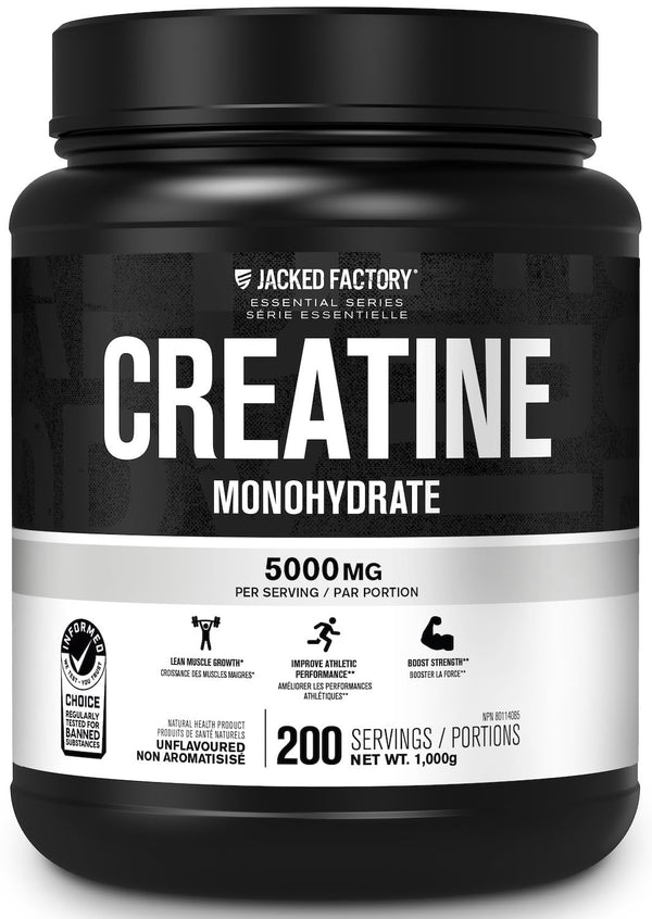 Jacked Factory Creatine Monohydrate Powder 1000g - Canadian-Owned Informed Choice Certified Supplement for Increased Muscle Mass*, Improved Strength, Power, & Performance** - 200 Servings, Unflavored