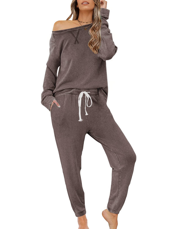 Zilcremo Women Two Piece Outfits Pajamas Set Long Sleeve Pullover Tops and Long Pants Sweatsuits Tracksuits Coffee S