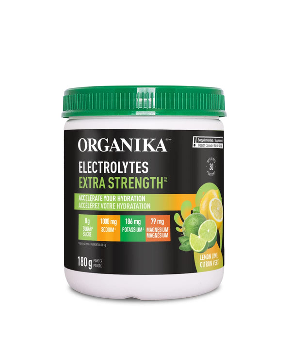 Organika Canadian-Made Electrolytes Extra-Strength Powder - Lemon Lime - High in Sodium for Sport Recovery - Saltier Taste, Sugar-Free Hydration and Electrolyte Replenishment - 180g, 30 servings