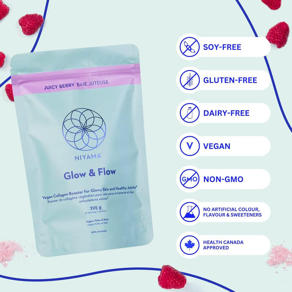 Vegan Collagen Powder | NIYAMA Glow & Flow for Healthy Skin, Hair, Joints, Bones | Made in Canada | Collagen Boosting Supplement | Juicy Berry (30 servings)