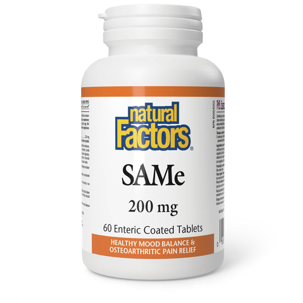 Natural Factors SAMe 200 mg, 60 enteric coated tablets, Helps Support Mood Balance and Helps Relieve the Pain of Osteoarthritis