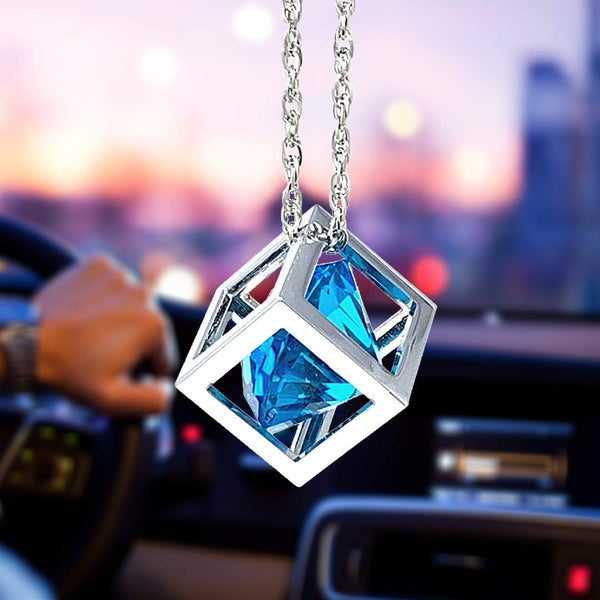 Blue Diamond Cube Crystal Car Rear View Mirror Charms, Bling Car Accessories, Sun Catcher Hanging Ornament w/Chain, Car Charm & Home Decor Ornament (Blue)