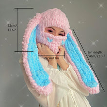 Thickened Crochet Knit Balaclava Hat for Women Girls, Funny Long Bunny Ears Beanie Hat with Scarf Mask Thermal Headwear, Pink Blue Rabbit Ears, Medium