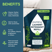 Puracy Liquid Laundry Detergent - 192 Loads - Natural Laundry Detergent, Scent-Free Laundry Soap - Hypoallergenic Laundry Detergent w/Stain Fighting Enzymes - Free & Clear - Laundry Detergent Liquid