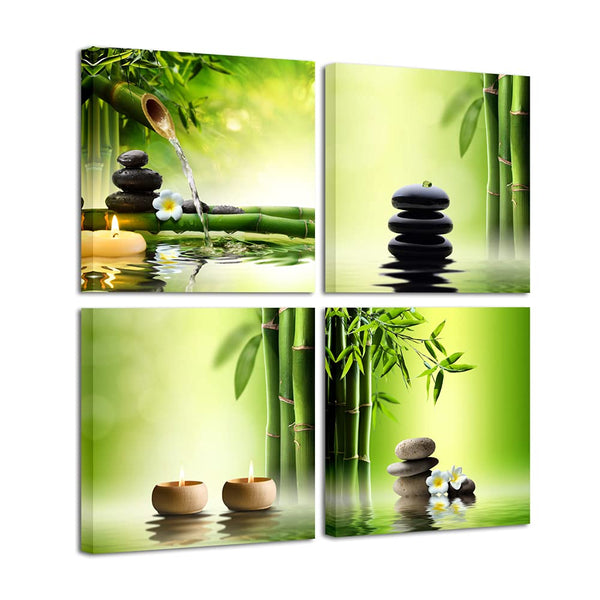 Pyradecor Modern 4 Panel Stretched and Framed Contemporary Zen Giclee Canvas Prints Perfect Bamboo Green Pictures on Canvas Wall Art for Home Office Decorations Living Room Bedroom