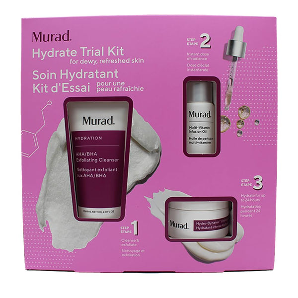 Murad Hydrate Trial Kit - 3-Piece Trial Size Kit $62 Value - Moisturizing Daily Skincare Set - AHA/BHA Exfoliating Cleanser, Multi-Vitamin Infusion Oil & Hydro-Dynamic Ultimate Moisturizer