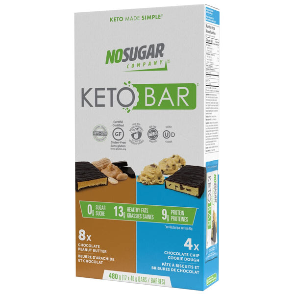 No Sugar Company Keto Bars 12 Mixed Bars 40g, Chocolate Peanut Butter & Chocolate Chip Cookie Dough