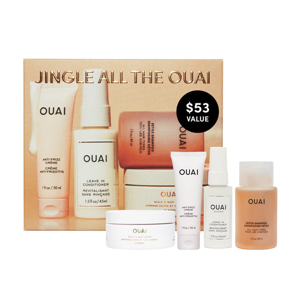 OUAI Gift Set - Travel Size Hair & Body Care Set - Includes Detox Shampoo, Deluxe Anti Frizz Cream, Leave In Conditioner, Scalp & Body Scrub (4 Count)