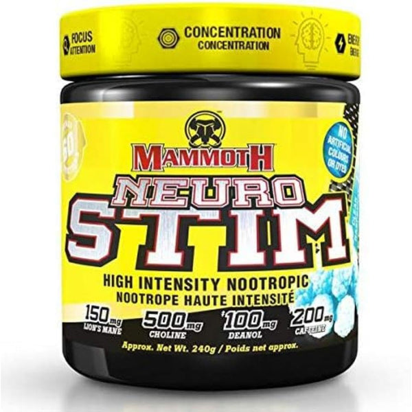 Mammoth NeuroStim 60 Serve, Caffeine & Nootropic Brain Supplement Formula, Energy & Focus, Mental & Physical Boost, Increased Cognition, Lion’s Mane Mushroom, Clear Raspberry