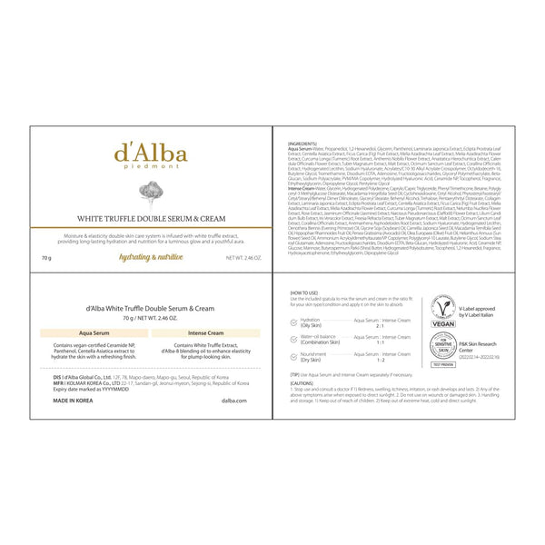 d'alba Piedmont Italian White Truffle Double Serum & Cream, Vegan Skincare, 2-in-1 Customizable Hydrating Cream with White Truffles, Suitable for All Skin Types